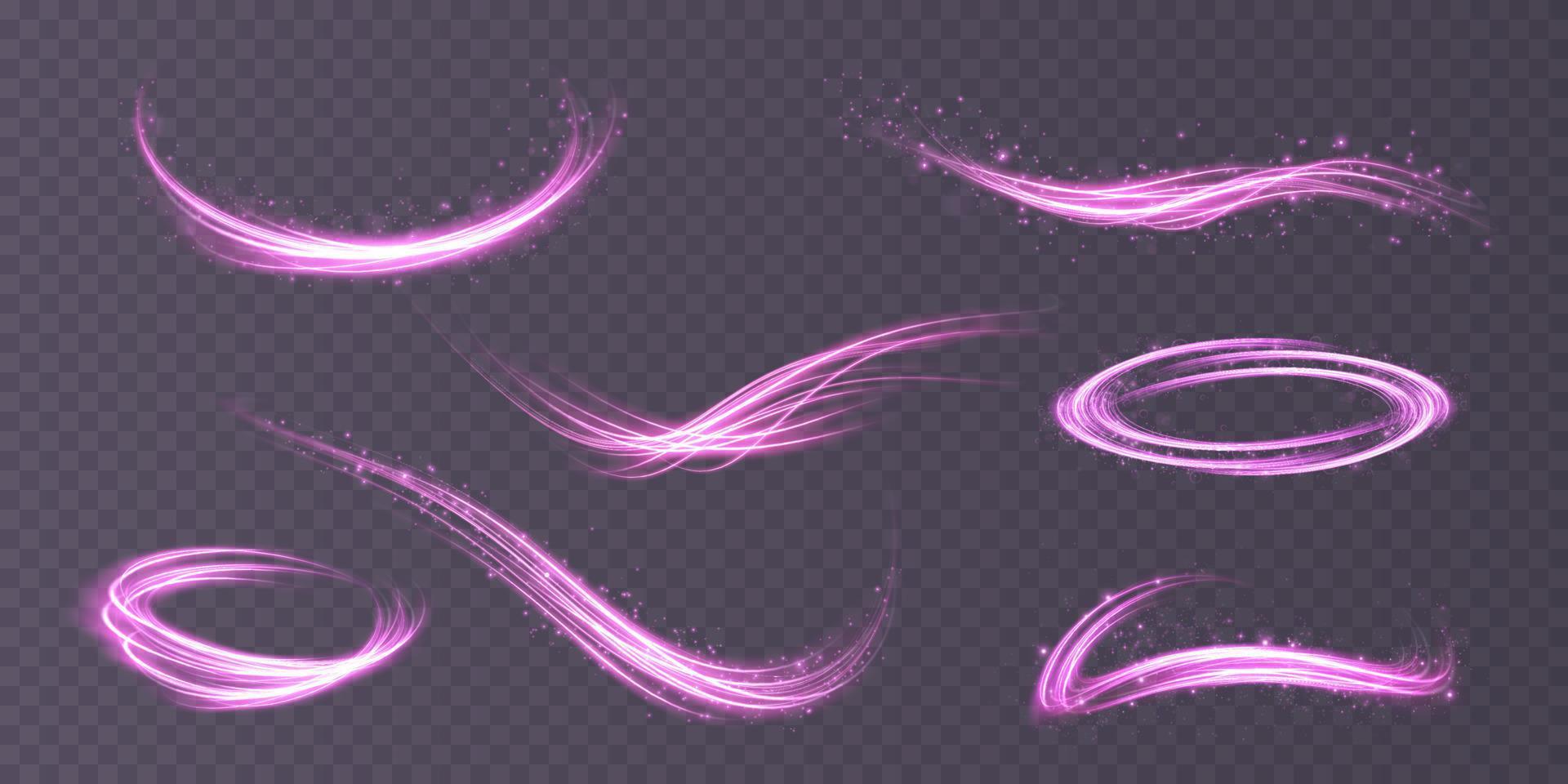 Abstract light lines of movement and speed with purple color sparkles. Light everyday glowing effect. semicircular wave, light trail curve swirl vector