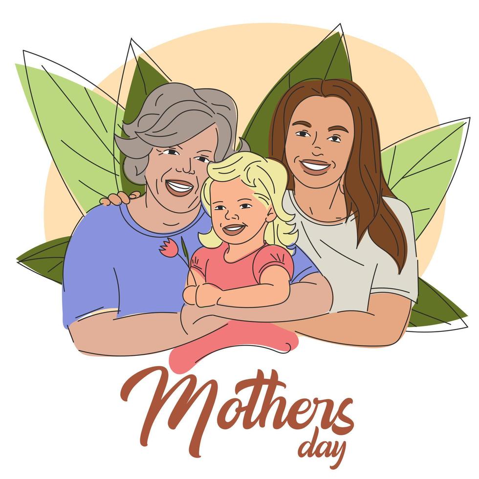 Tres generaciones celebrar contento de la madre día juntos, participación manos y rodeado por grande verde hojas. abuela, mamá y un niña participación un tulipán en su manos. linda ilustración para de la madre día vector