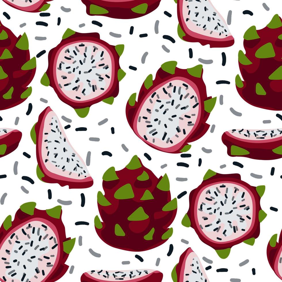 Seamless pattern with dragon fruits on the background of pitaya. Hand-drawn vector illustration in flat style for a summer romantic cover, tropical wallpaper, vintage texture. Bright sliced fruits
