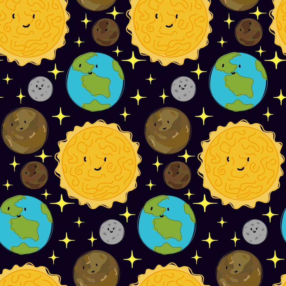 Vector space seamless background with planets and stars. Bright repeating texture with cosmic elements. Cute baby design for baby fabric and wrapping paper. Sun, earth, moon, Venus, Mercury and stars