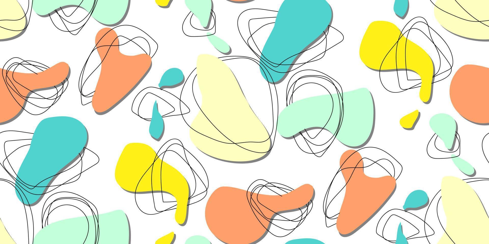 Abstract delicate pattern with various elements in the form of multicolored shapes and repeating lines with shadow. Chaotic vector texture with shapes. Printing on textiles and paper. Printing