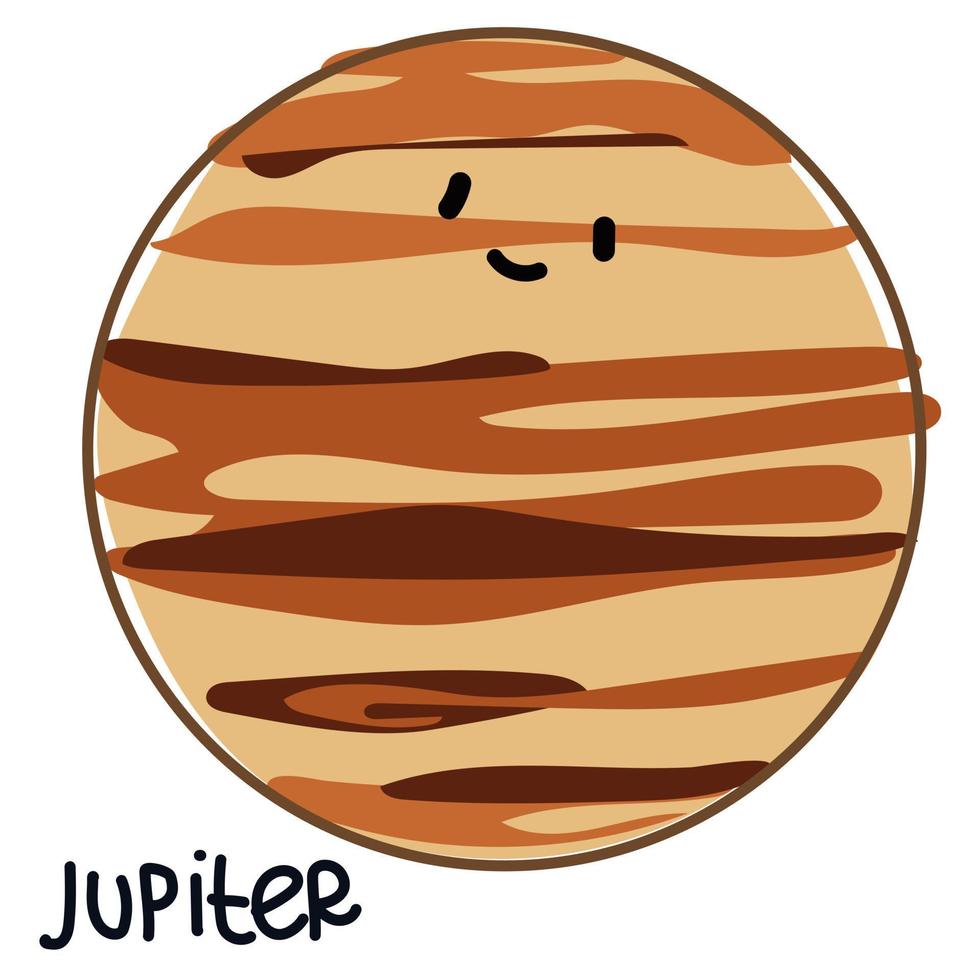 Isolated large colored planet Jupiter with a face and signature. Cartoon vector illustration of a cute smiling planet in the solar system. Use for a logo for children's products