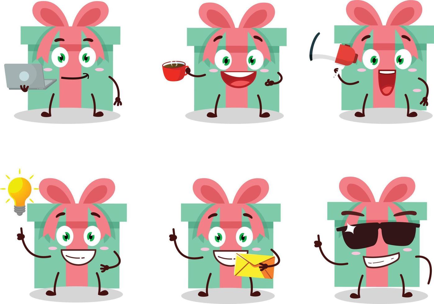 regalo dibujos animados personaje con varios tipos de negocio emoticones vector