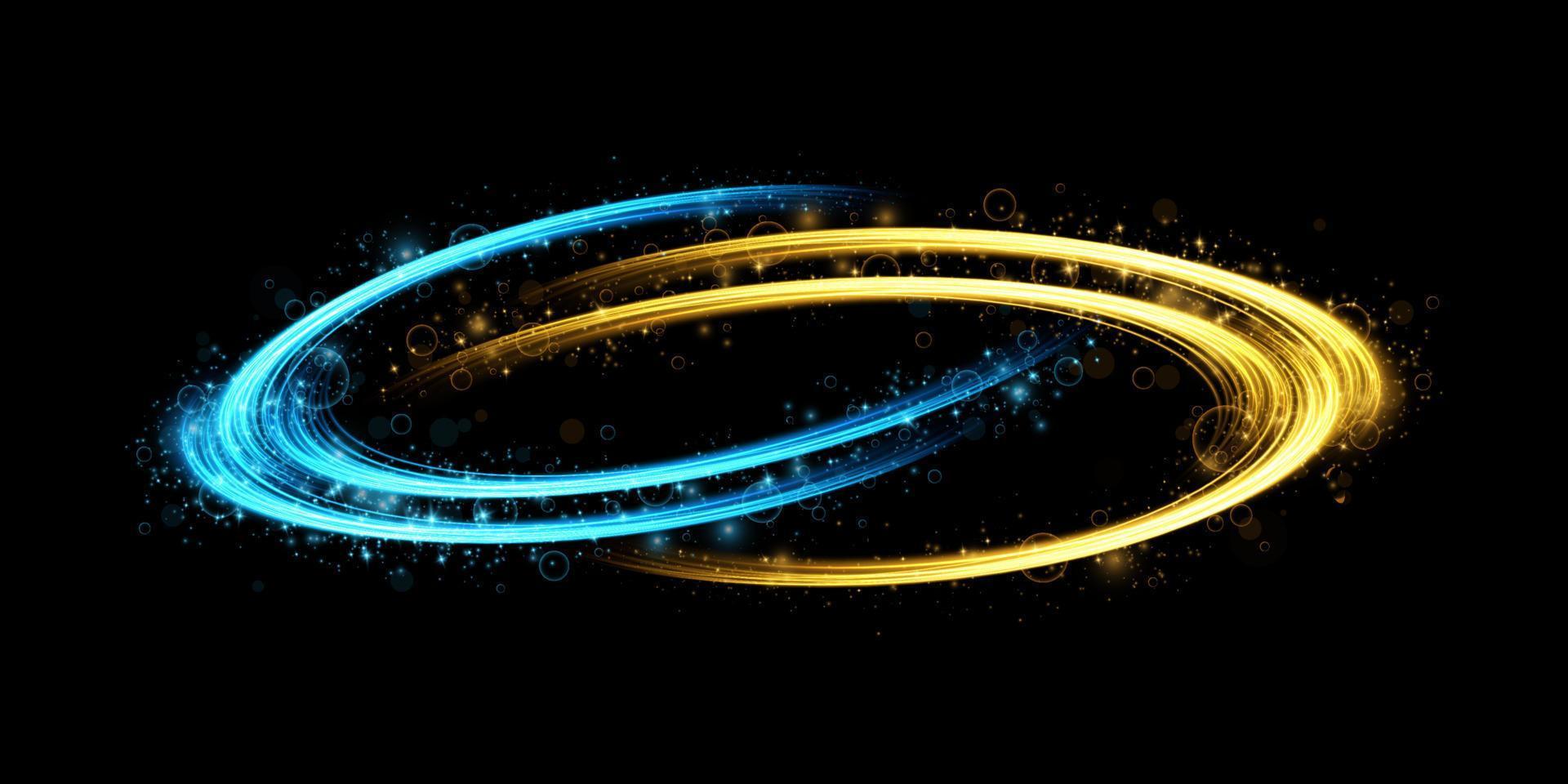 Abstract light lines of movement and speed with blue and yellow sparkles. Light everyday glowing effect. semicircular wave, light trail curve swirl vector