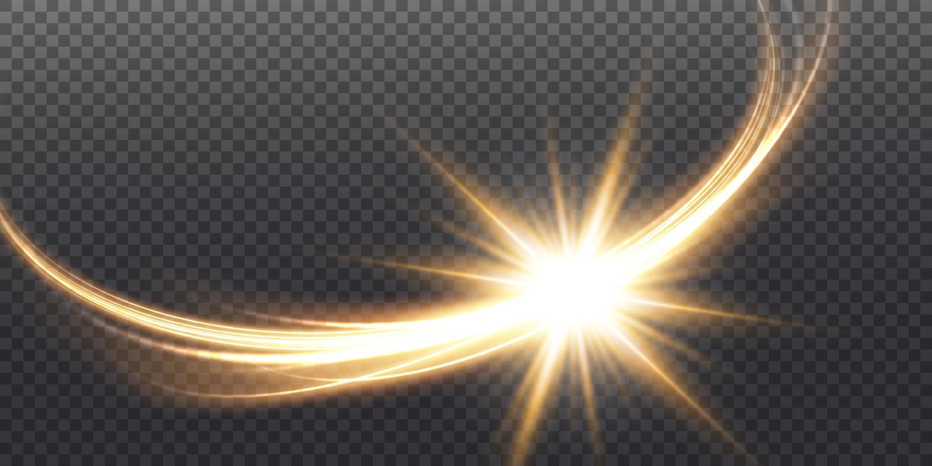 Luminous gold lines of speed. Light glowing effect. Abstract motion lines. Light trail wave, fire path trace line, car lights, optic fiber and incandescence curve twirl vector