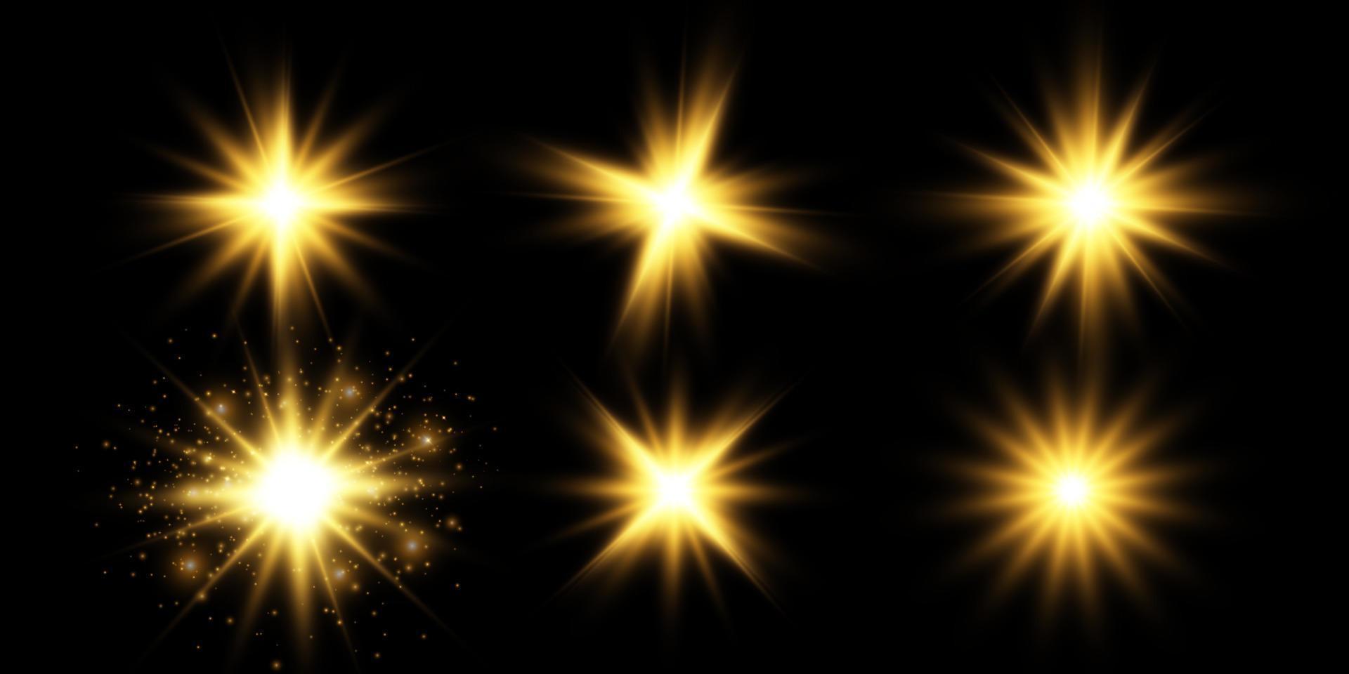 colección de varios brillante estrellas. un conjunto de destello desde un rayo de sol. parpadea de ligero. resplandor efecto, chispas, resplandor, brillar. vector ilustración en un negro antecedentes.