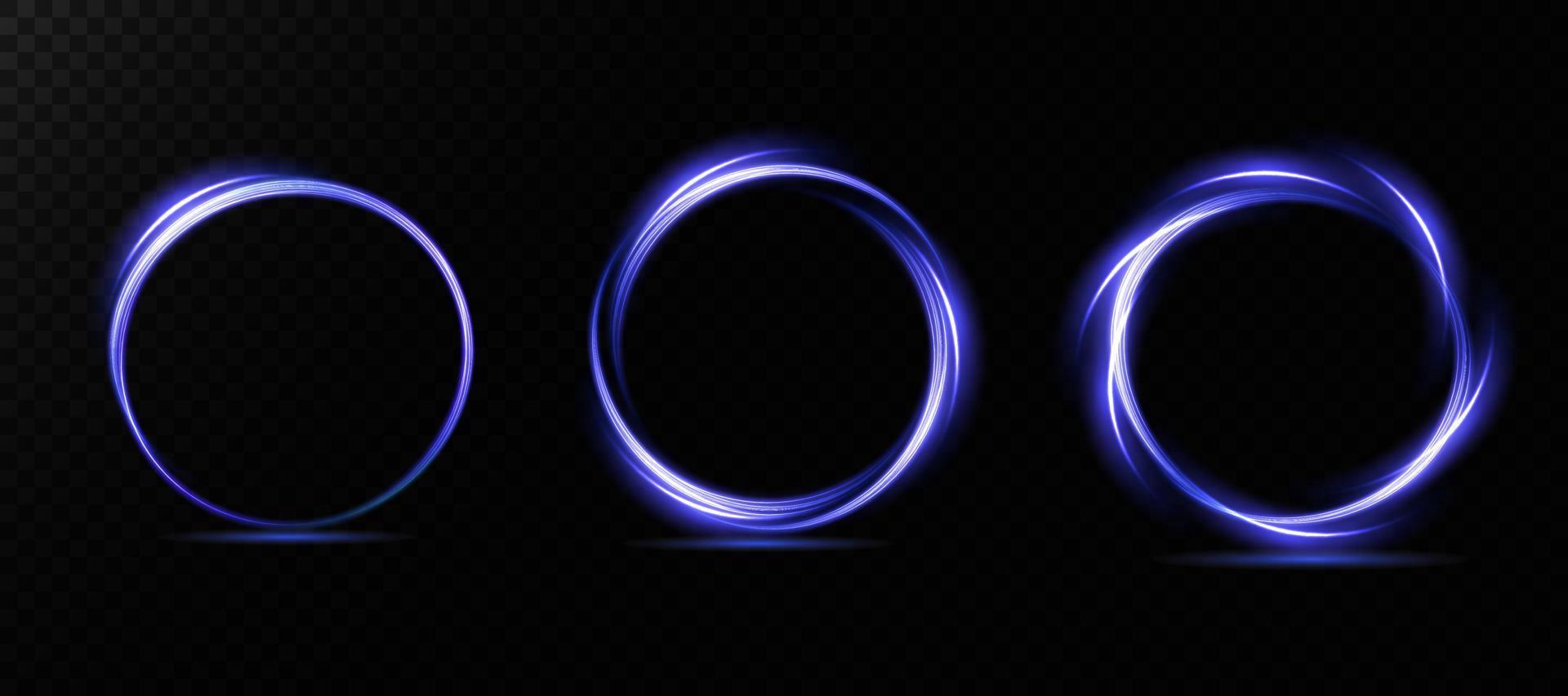 conjunto de neón ligero anillos torbellino efecto. curva azul, púrpura, oro línea ligero efecto. resumen oscuro fondo, anillos con brillante arremolinándose monumentos, y varios antecedentes. energía fluir túnel. vector