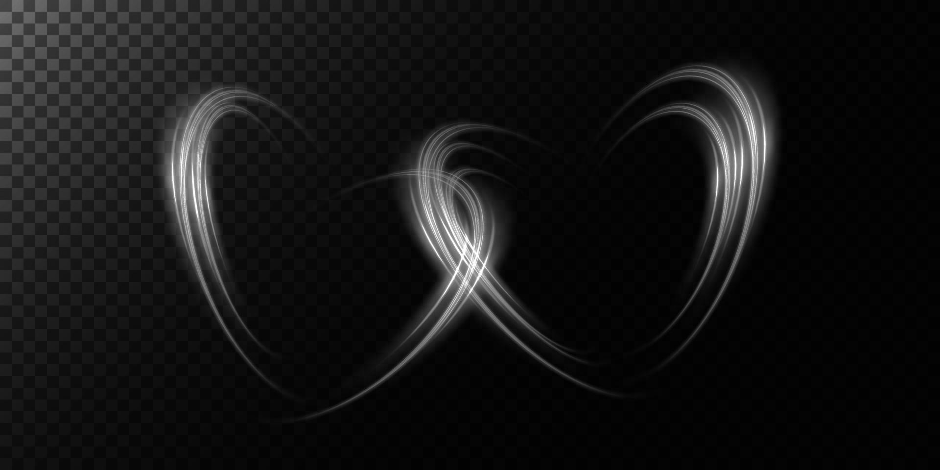 Abstract white light lines of movement and speed in the shape of two hearts. Glow light effect. vector