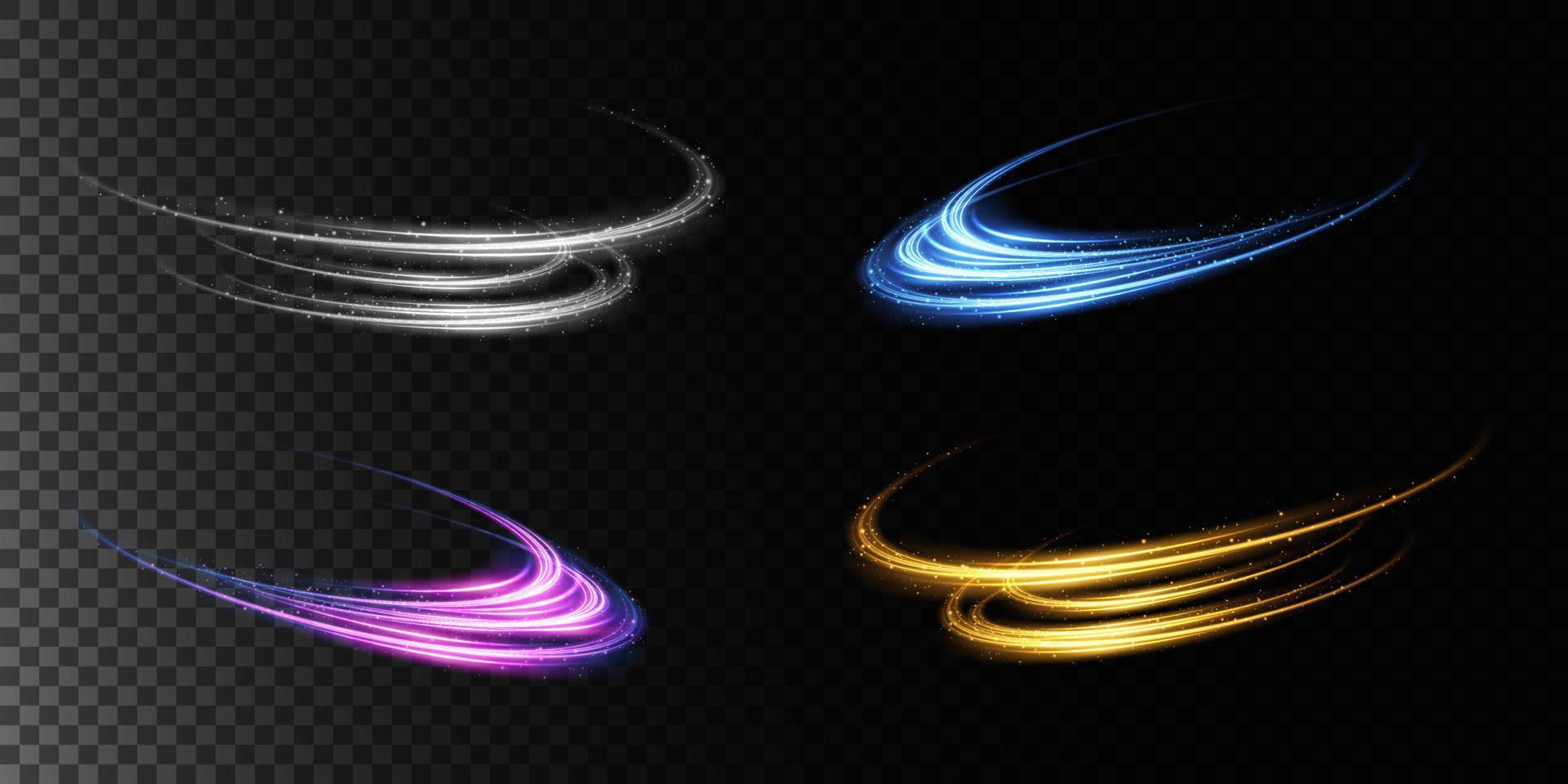 Set of neon light rings. Whirlwind effect. Curve blue, purple, gold line light effect. Abstract dark background, rings with glowing swirling sights, and various backgrounds. Luminous spiral. vector