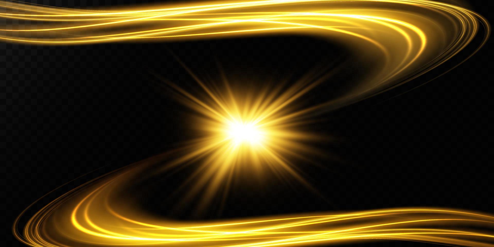 Luminous gold lines of speed. Light glowing effect. Abstract motion lines. Light trail wave, fire path trace line vector