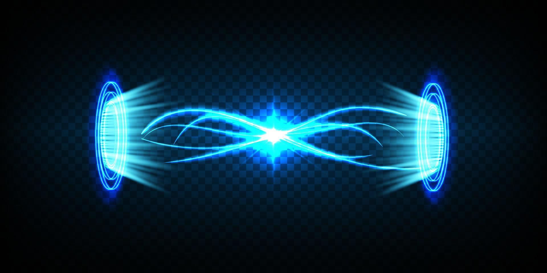 Magic portals on the night scene. Blue round holograms with rays of light and sparkles. Glowing futuristic teleport tunnel with copy space on black background vector