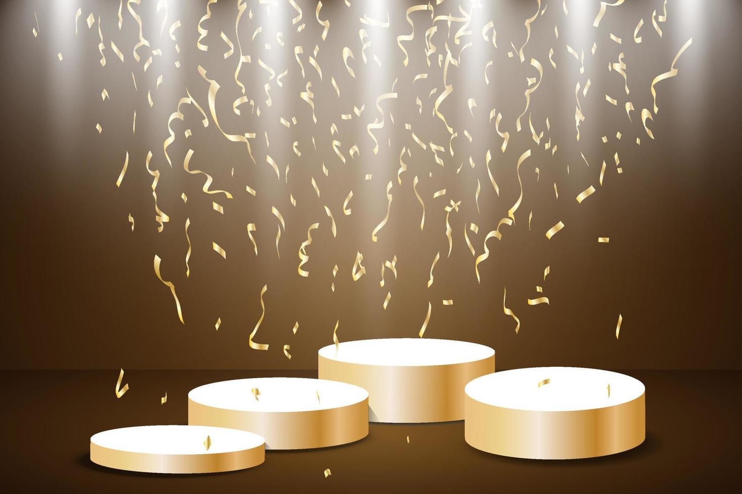 Golden podium with a spotlight on a dark background, falling golden confetti, first place, fame and popularity. Vector illustration.