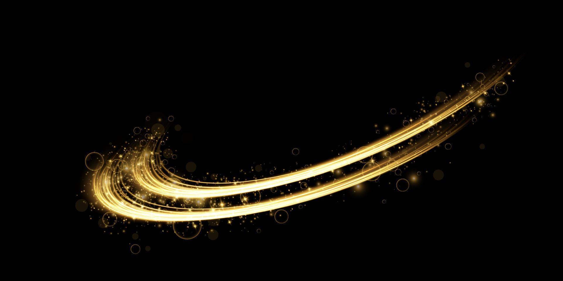 Abstract light lines of motion and speed in golden color. Light everyday glowing effect. semicircular wave, light trail curve swirl vector