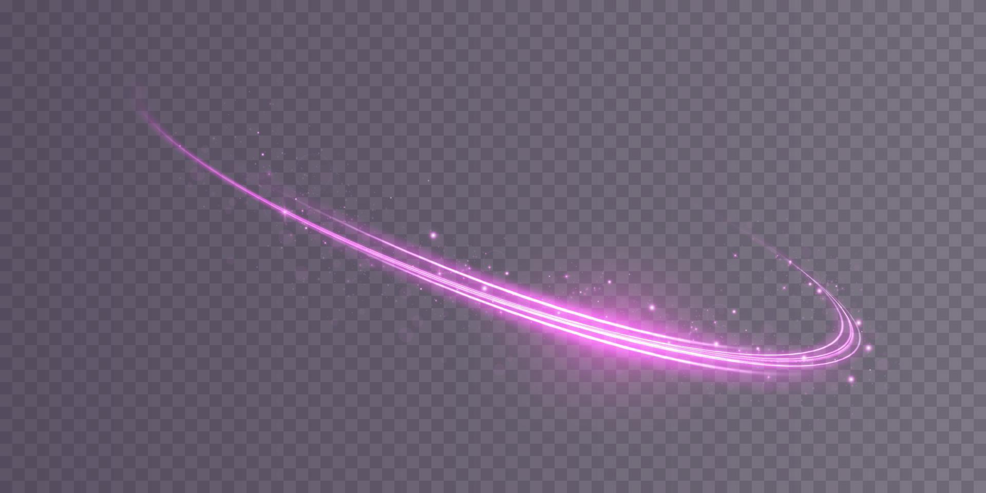 Abstract light lines of movement and speed with purple color sparkles. Light everyday glowing effect. semicircular wave, light trail curve swirl, car headlights, incandescent optical fiber. vector