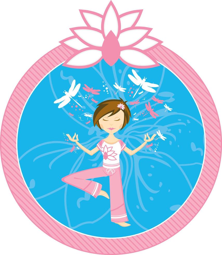 linda dibujos animados yoga niña con libélulas ilustración vector