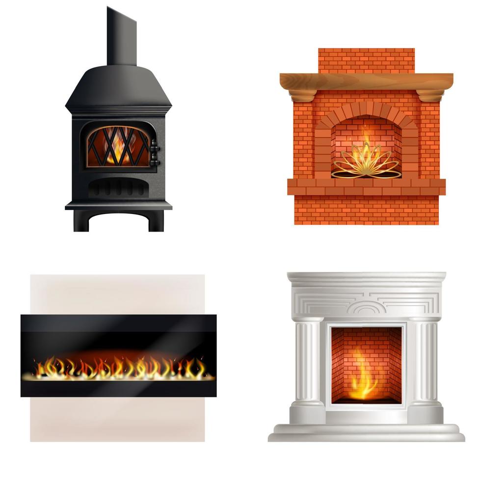 Realistic Detailed 3d Different Fireplace Set. Vector