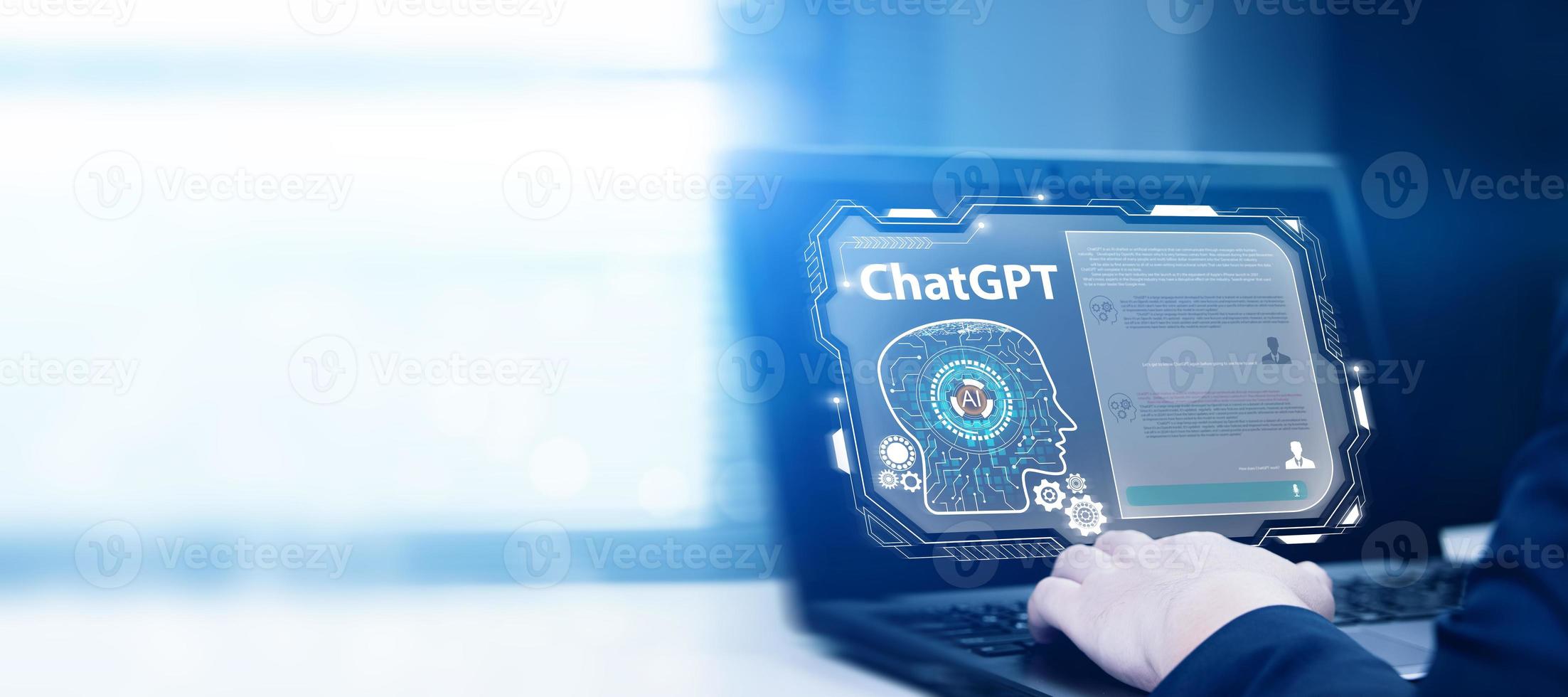 Data search concept by artificial intelligence chatbot, ChatGPT developed by OpenAI, data collection with global technology network. man chat with smart chatbot on laptop to find business information. photo