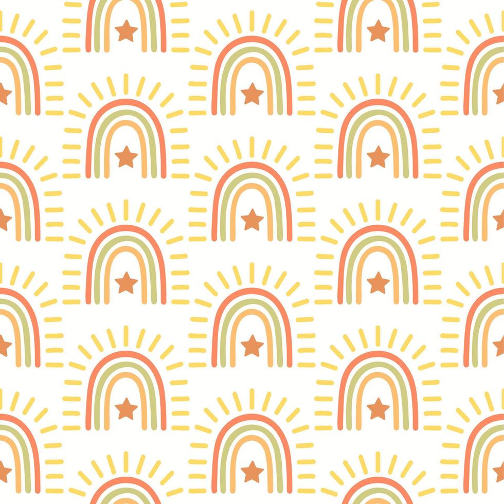 Seamless pattern of hand drawn doodle boho style rainbows and star on isolated background. Design for springtime, summertime, mothers day, Easter, wedding celebration, nursery decor, scrapbooking. vector