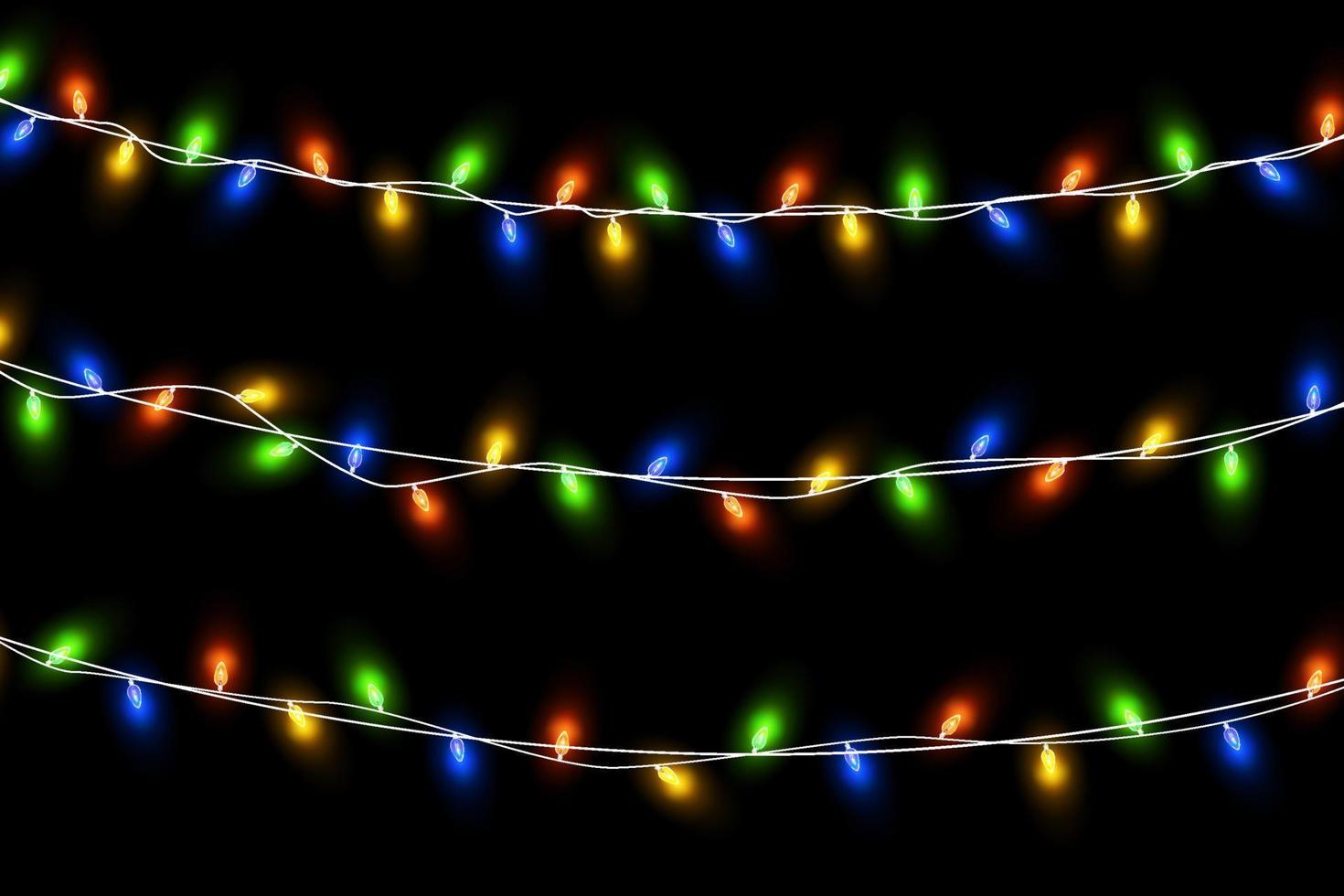 Christmas lights. Colorful Christmas garlands. Vector red, yellow, blue and green glow light bulbs on wires isolated.