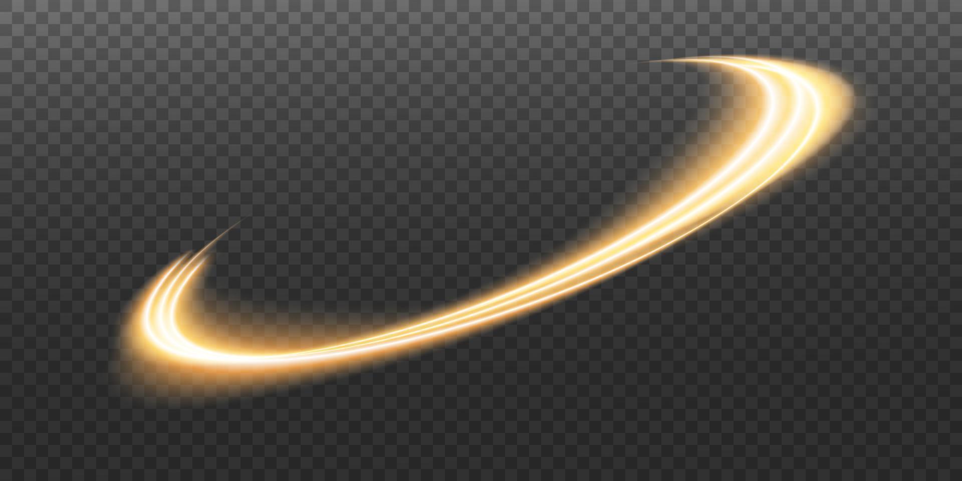 Luminous gold lines of speed. Light glowing effect. Abstract motion lines. Light trail wave, fire path trace line, car lights, optic fiber and incandescence curve twirl vector