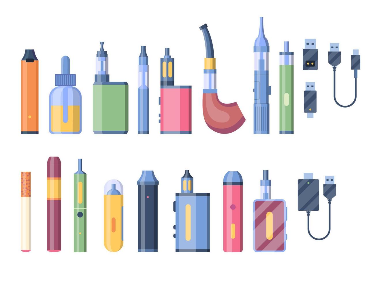 Cartoon Color Different Types of E Cigarettes Set. Vector