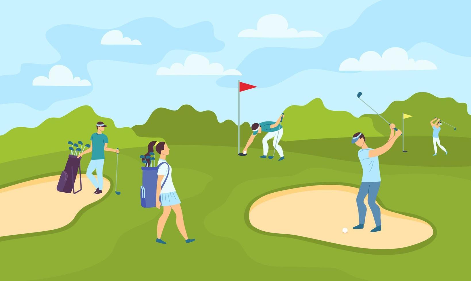 Cartoon Color Characters People Playing Golf on Course Concept. Vector