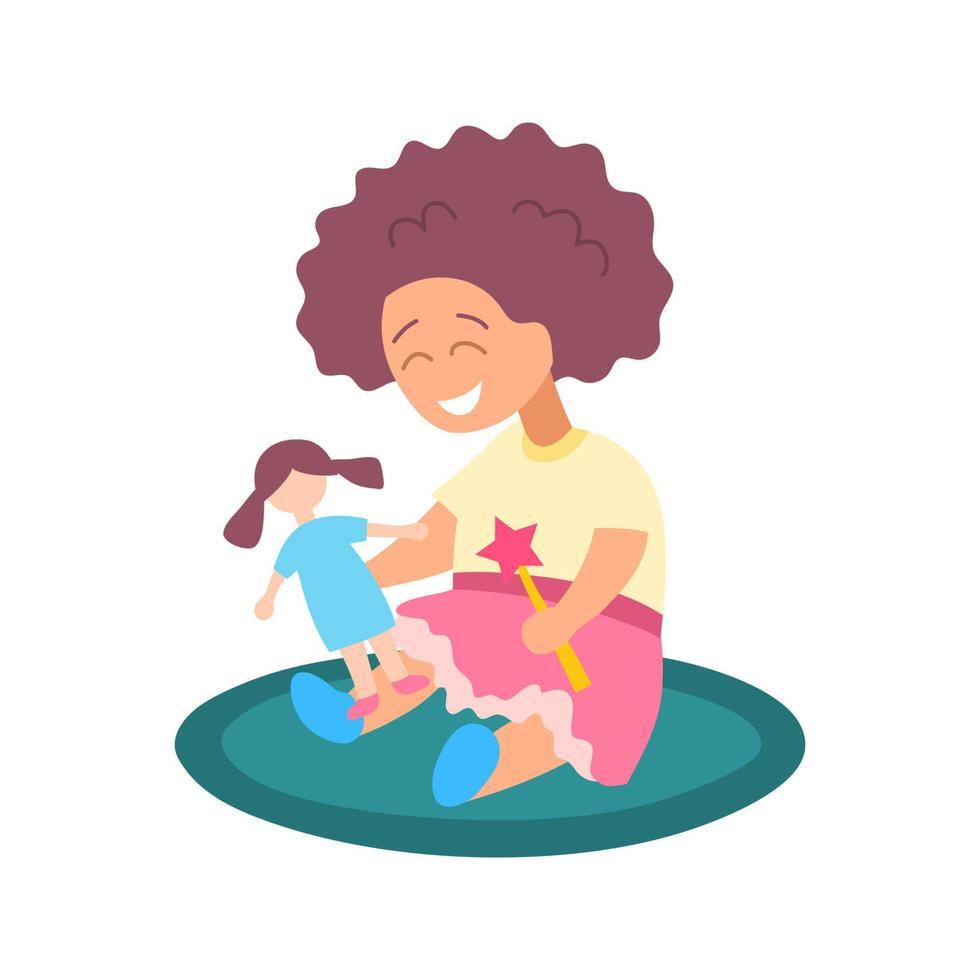 Cartoon Character Girl Playing with Doll Cute Little Kid Concept. Vector