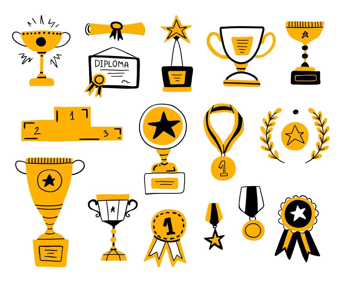 Cartoon Doodle Gold Medal and Champion Trophy Cup Icons Set. Vector