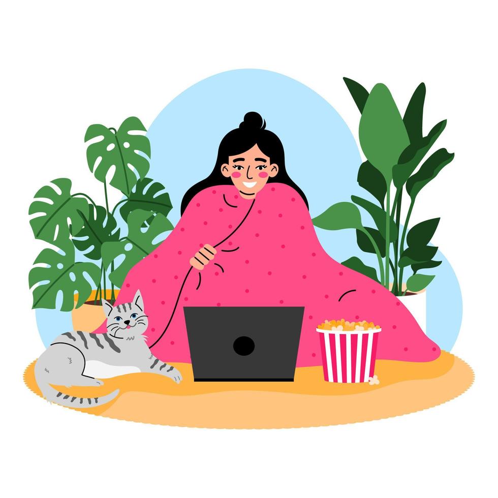 joven mujer sentado en un rosado cobija y acecho un película en ordenador portátil. casa planta en antecedentes. Relajado a hogar concepto. vector