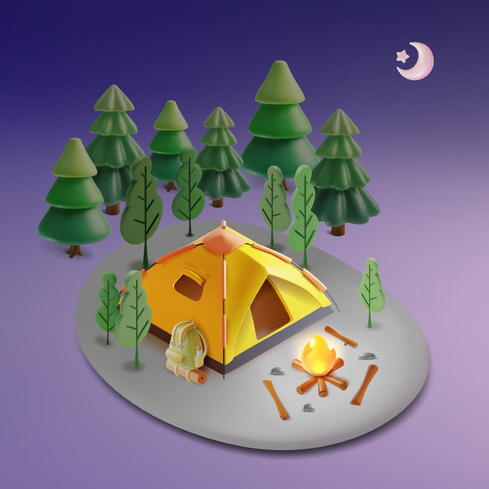 3d Go Camping Concept Night View Landscape Scene for Travel and Tourism Plasticine Cartoon Style. Vector illustration