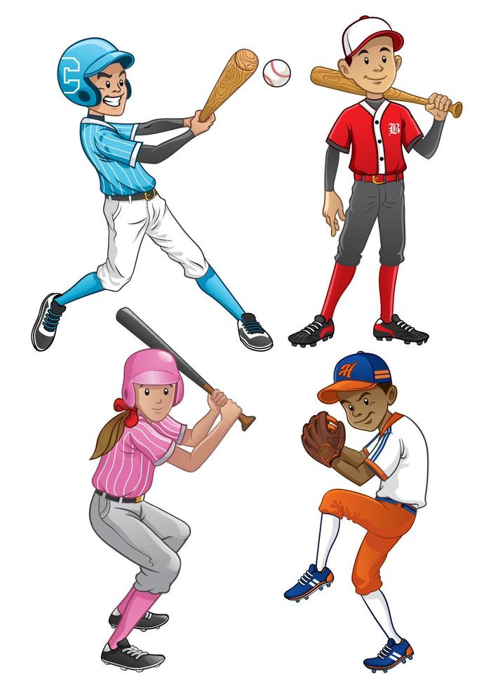 set of young baseball players vector