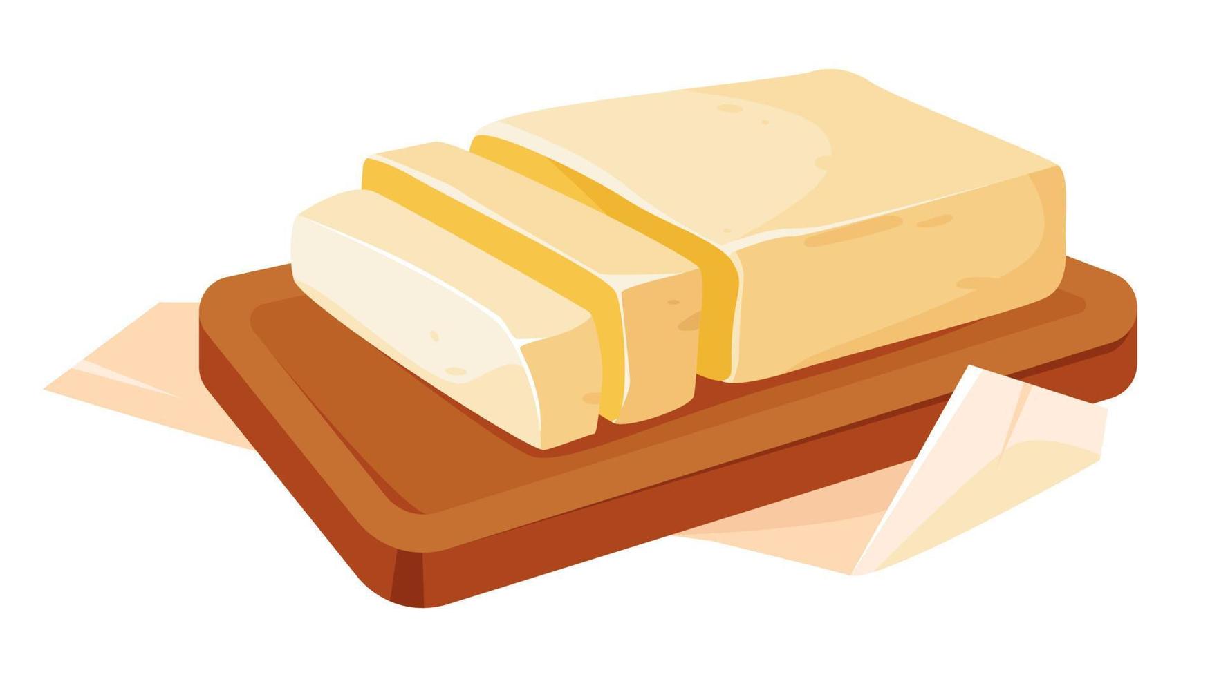 Butter. Sliced farm dairy products on a plate. Cartoon vector illustration.