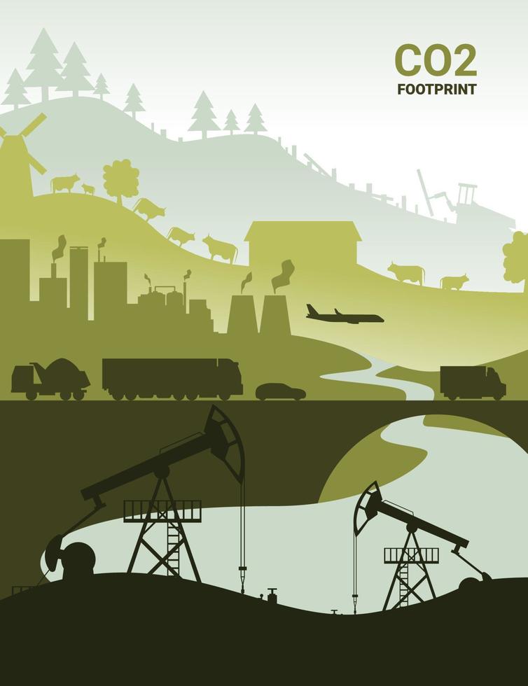 Cartoon Color Plant Environmental Impact and CO2 Emission Pollution Concept Poster. Vector