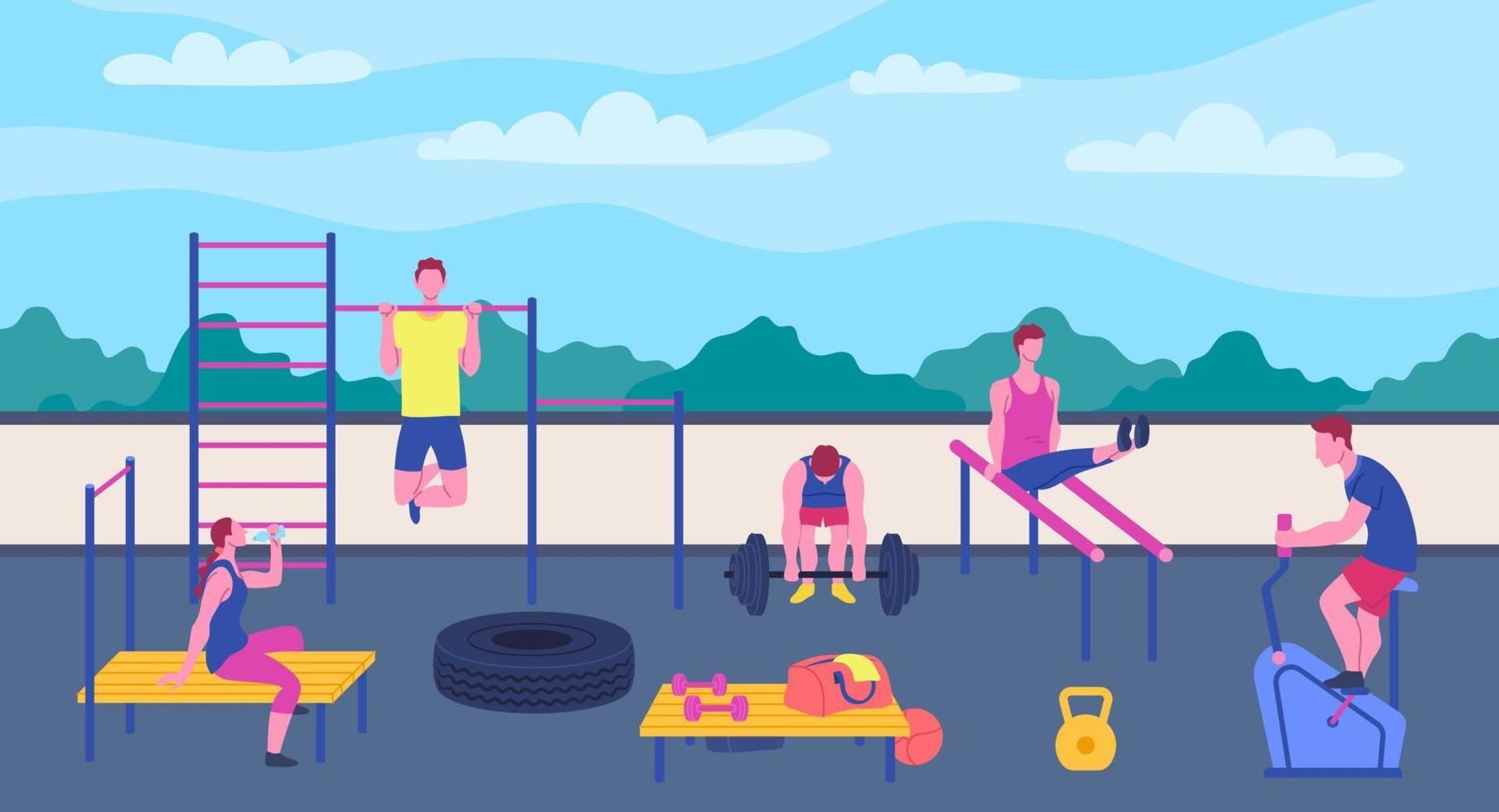 Cartoon Color Characters People and Workout Park. Vector