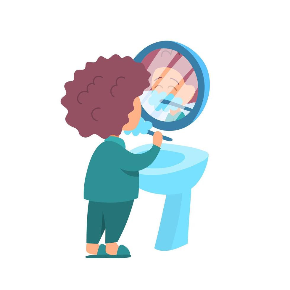 Cartoon Character Girl Brushes Teeth Cute Little Kid Concept. Vector