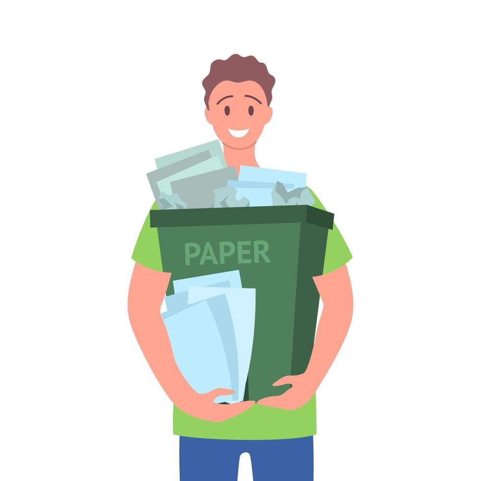 Cartoon Color Character Boy Holding Trash Bin with Paper Concept. Vector