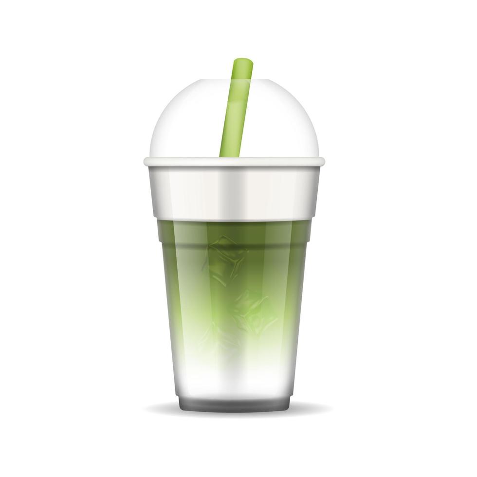 Realistic Detailed 3d Japanese Matcha Latte in Takeaway Plastic Cup with Cap. Vector
