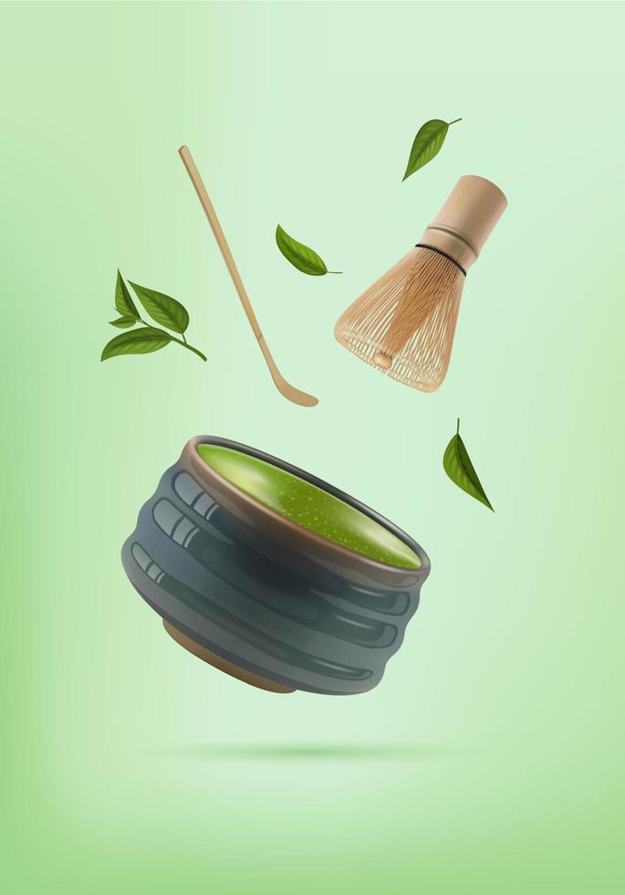 Realistic Detailed 3d Elements Japanese Matcha Tea Ceremony Concept. Vector