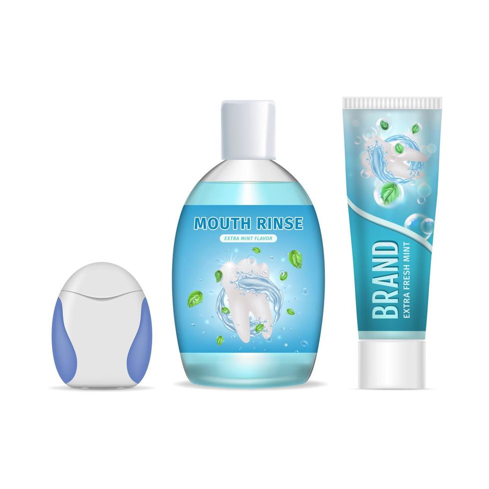 Realistic Detailed 3d Dental Floss, Mouthwash and Toothpaste Set. Vector