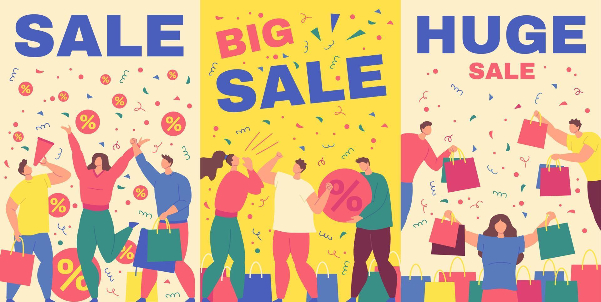 Cartoon Color Big Sale Concept Poster Card Set. Vector