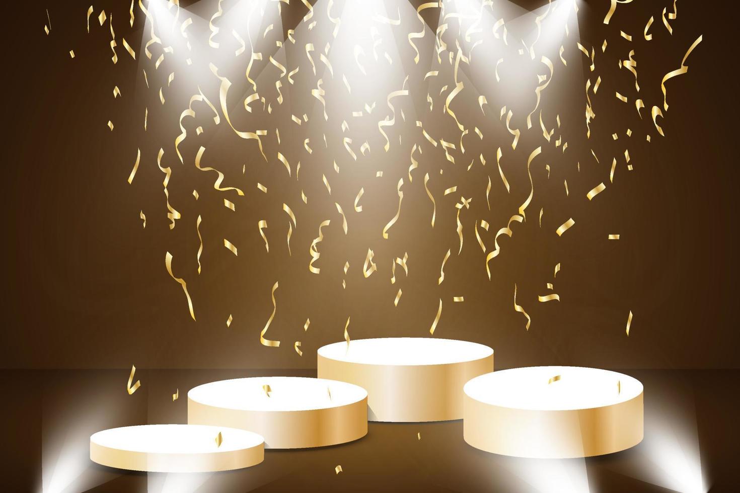 Golden podium with a spotlight on a dark background, falling golden confetti, first place, fame and popularity. Vector illustration.