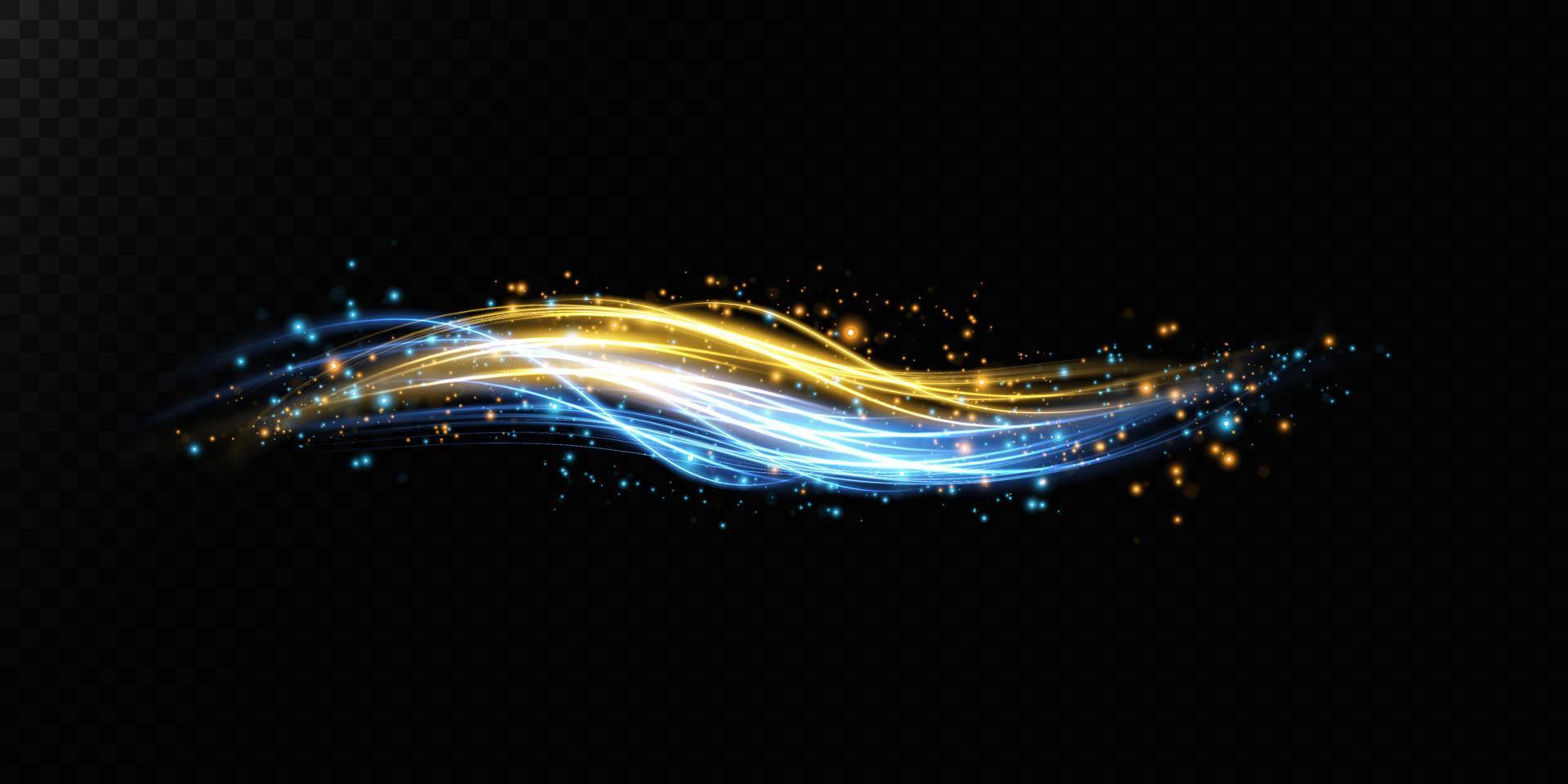 Abstract light lines of movement and speed in blue and gold. Light everyday glowing effect. semicircular wave, light trail curve swirl, car headlights, incandescent optical fiber png. vector