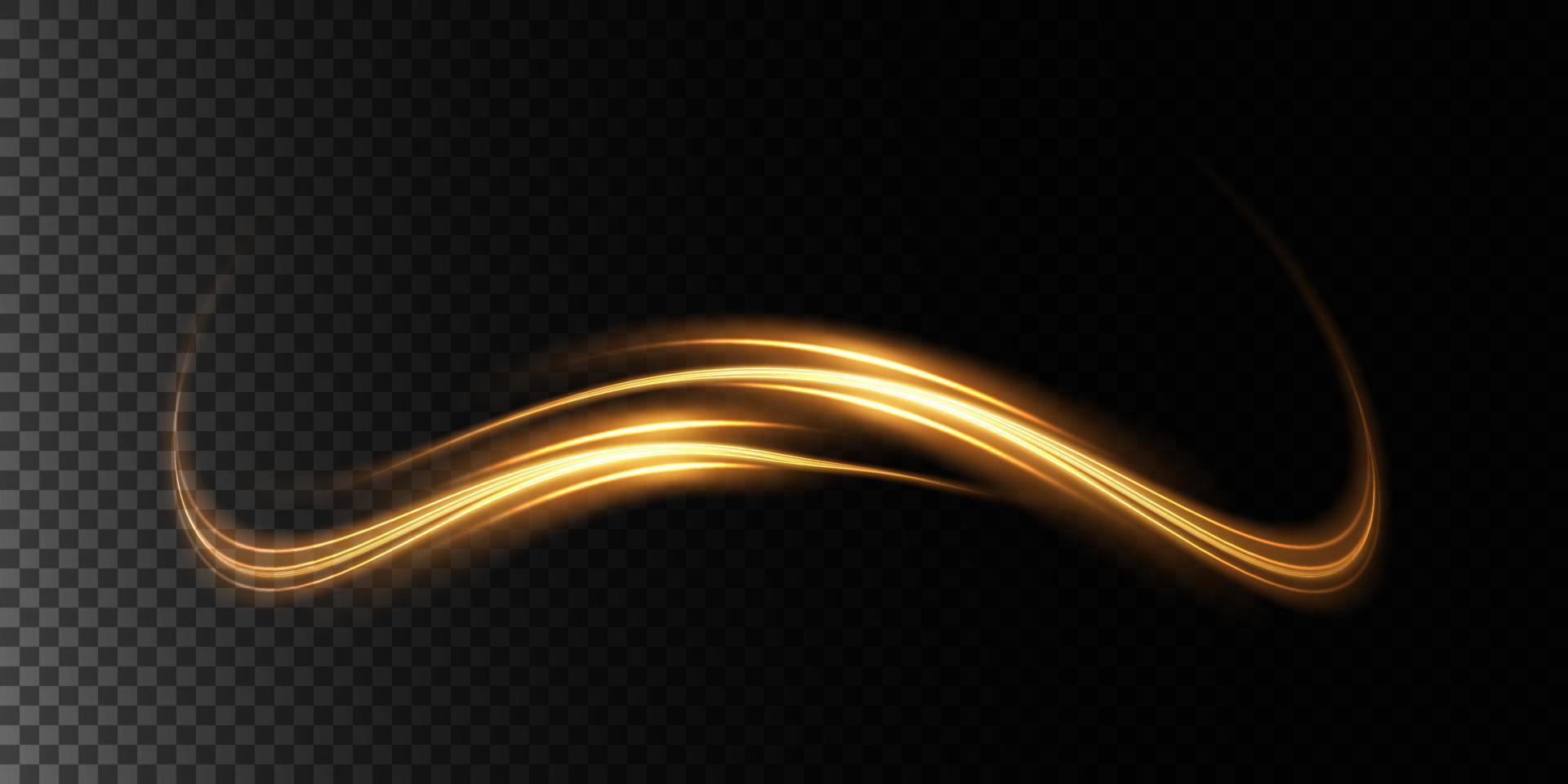 Luminous gold lines of speed. Light glowing effect. Abstract motion lines. Light trail wave, fire path trace line vector