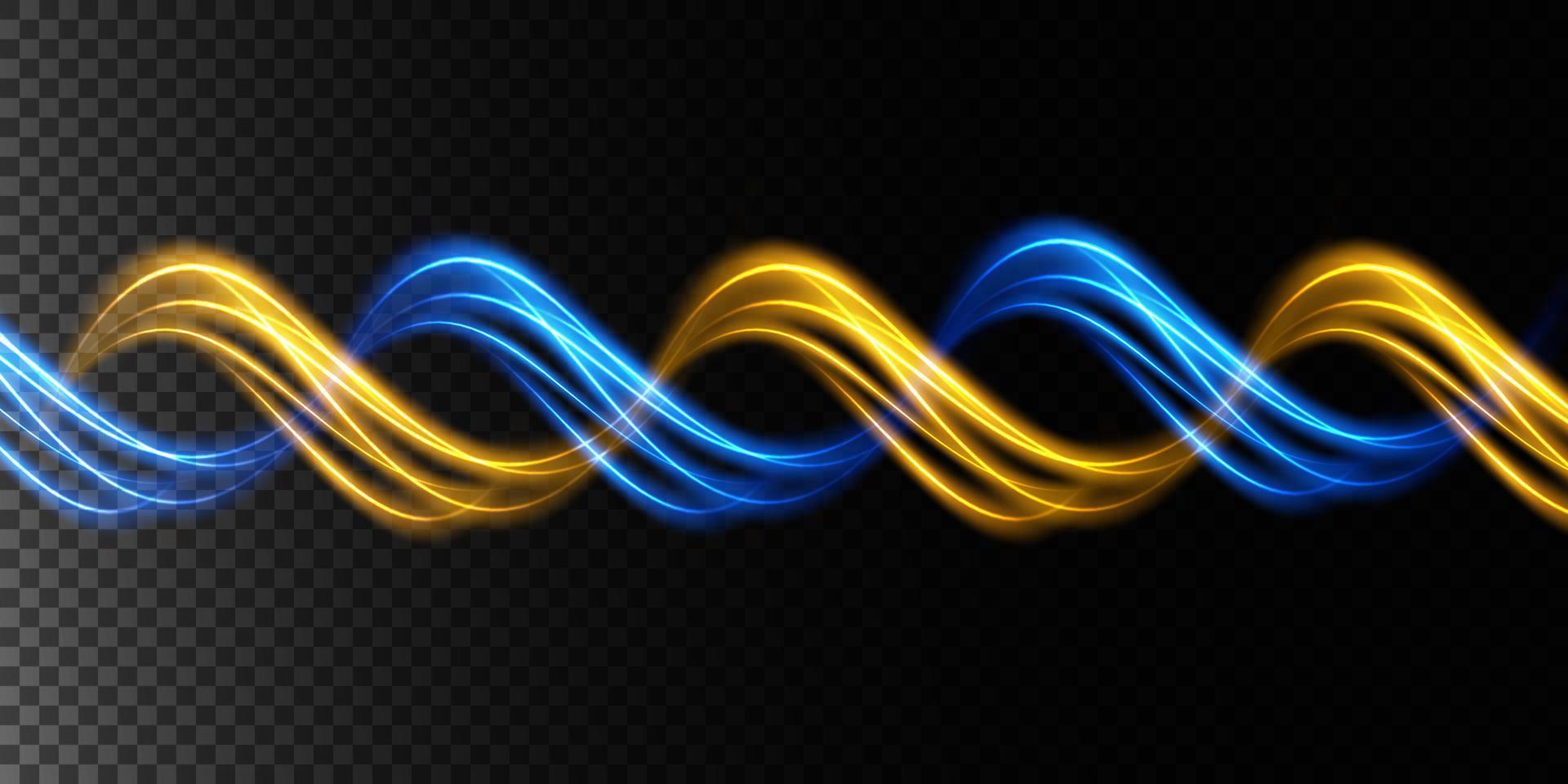 Abstract light lines of movement and speed in blue and gold. Light everyday glowing effect. semicircular wave, light trail curve swirl vector