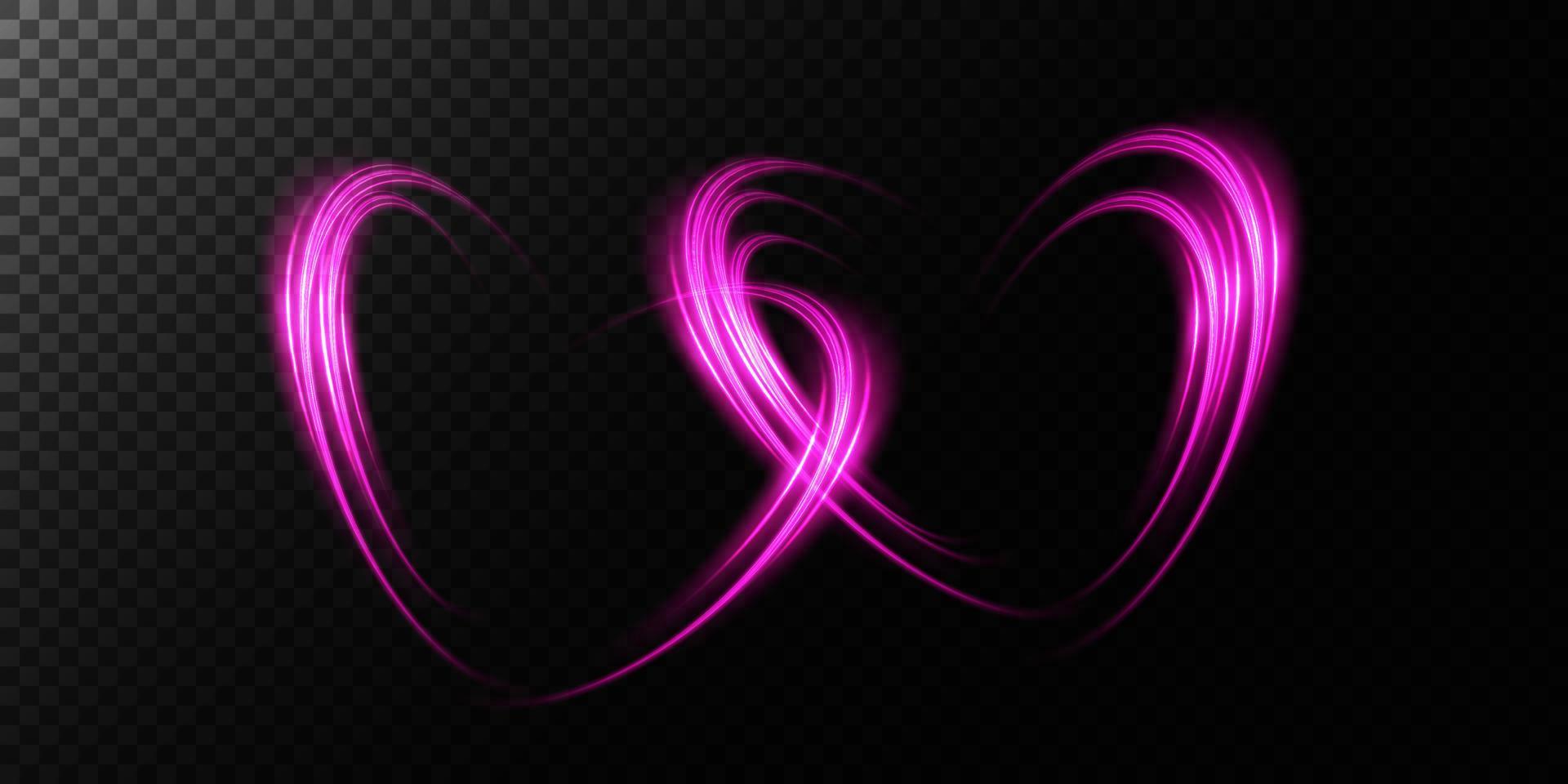 Abstract pink light lines of movement and speed in the shape of two hearts. Glow light effect. vector