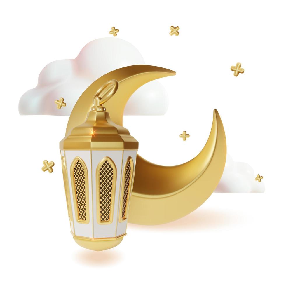 3d Ramadan Kareem Concept with Metal Crescent Moon and Islamic Lantern Fanoos Plasticine Cartoon Style. Vector