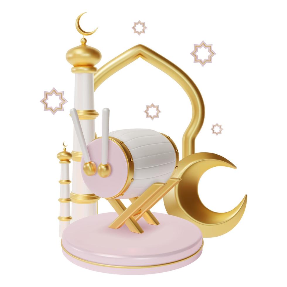 3d Ramadan Kareem Concept with Bedug Drum Plasticine Cartoon Style. Vector