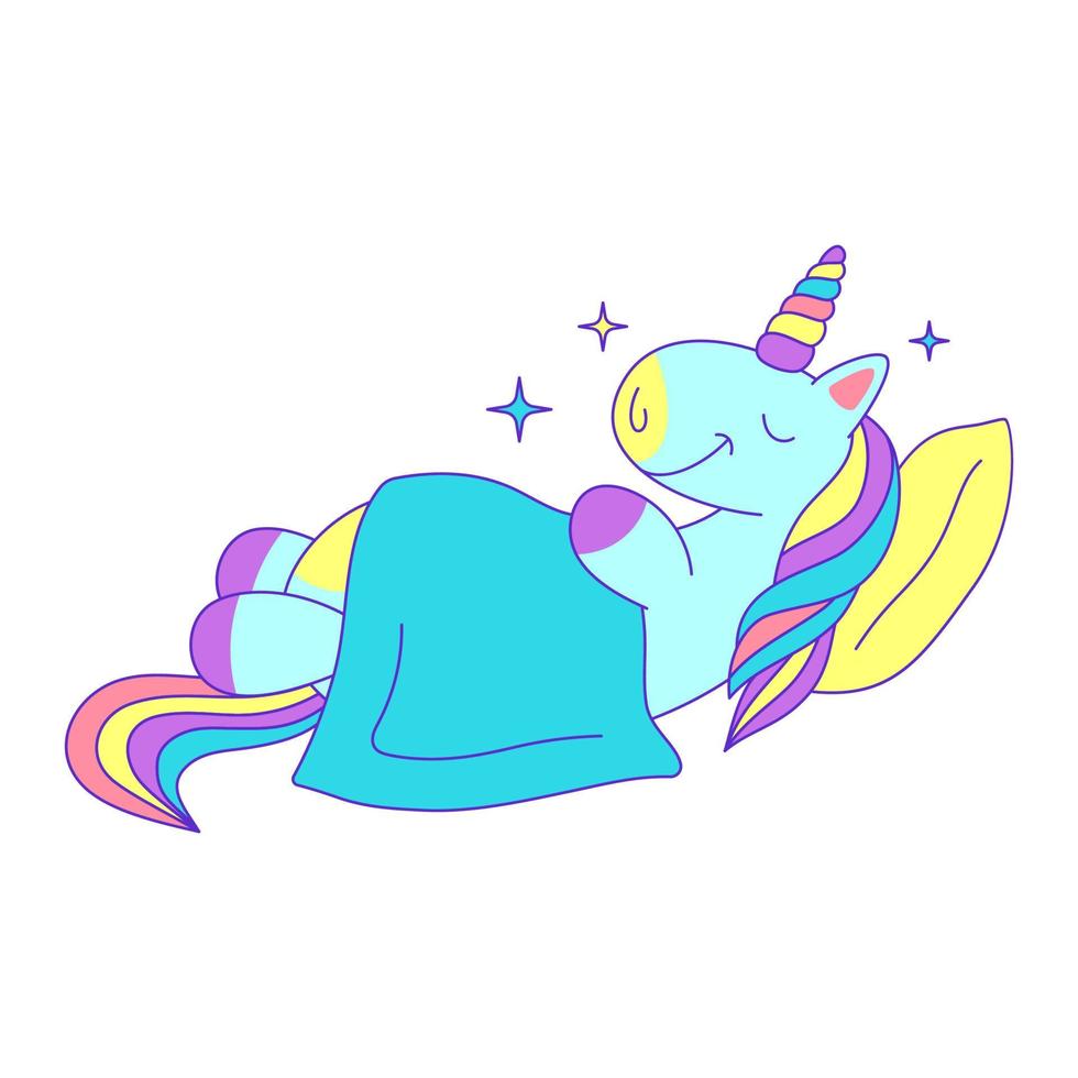 dibujos animados color personaje unicornio dormido debajo frazada. vector