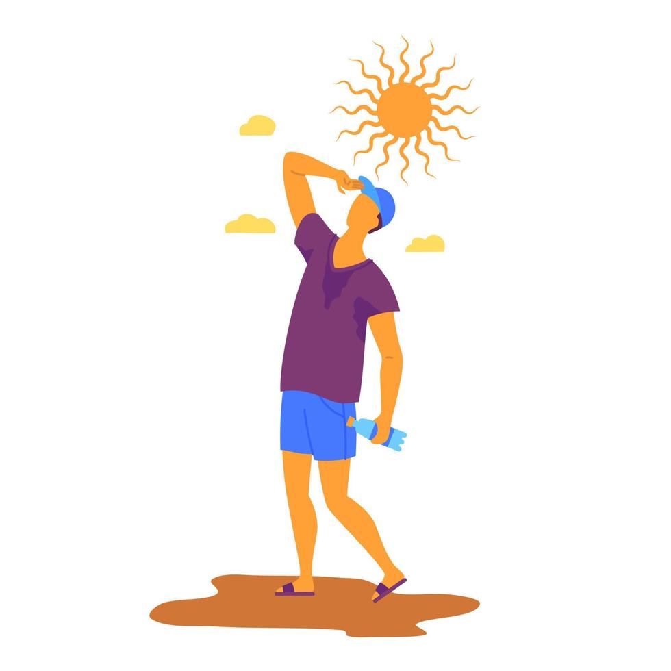 Cartoon Character Man and Hot Weather Concept. Vector