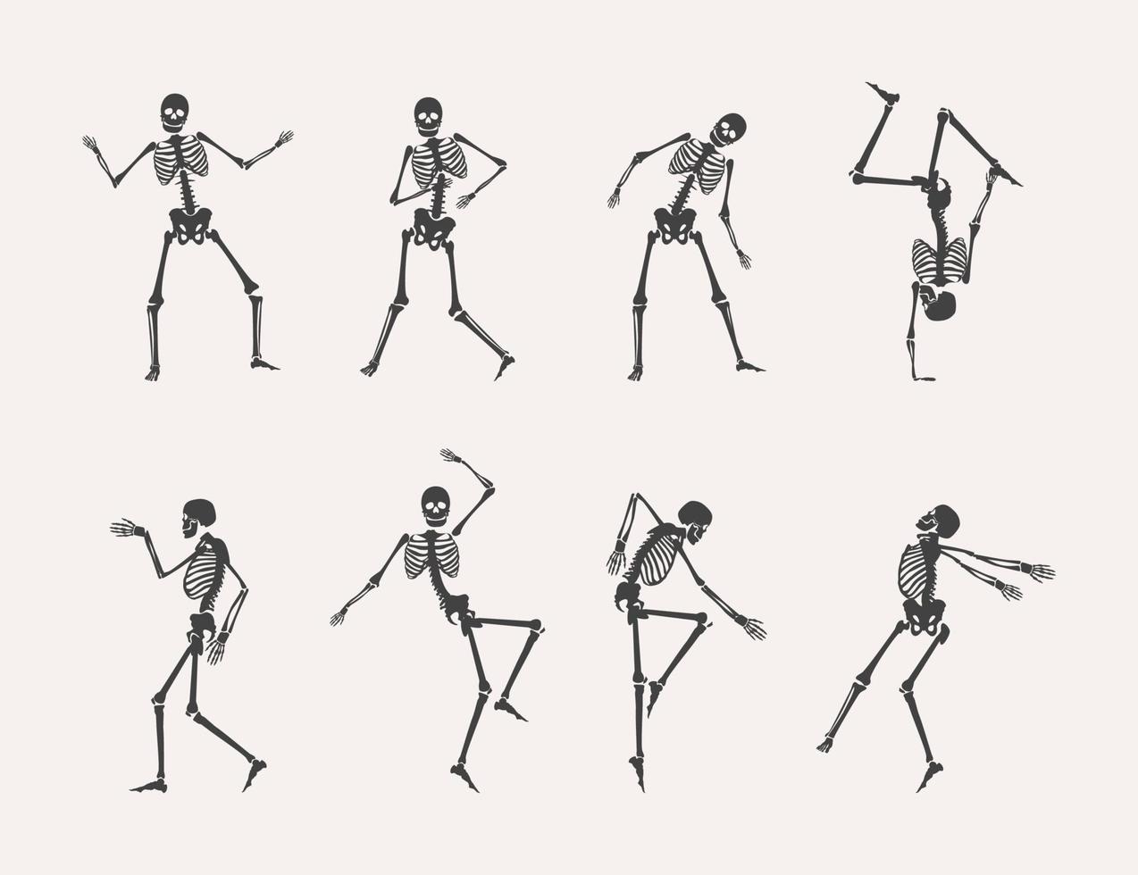 Cartoon Black Different Dancing Human Bones Set. Vector
